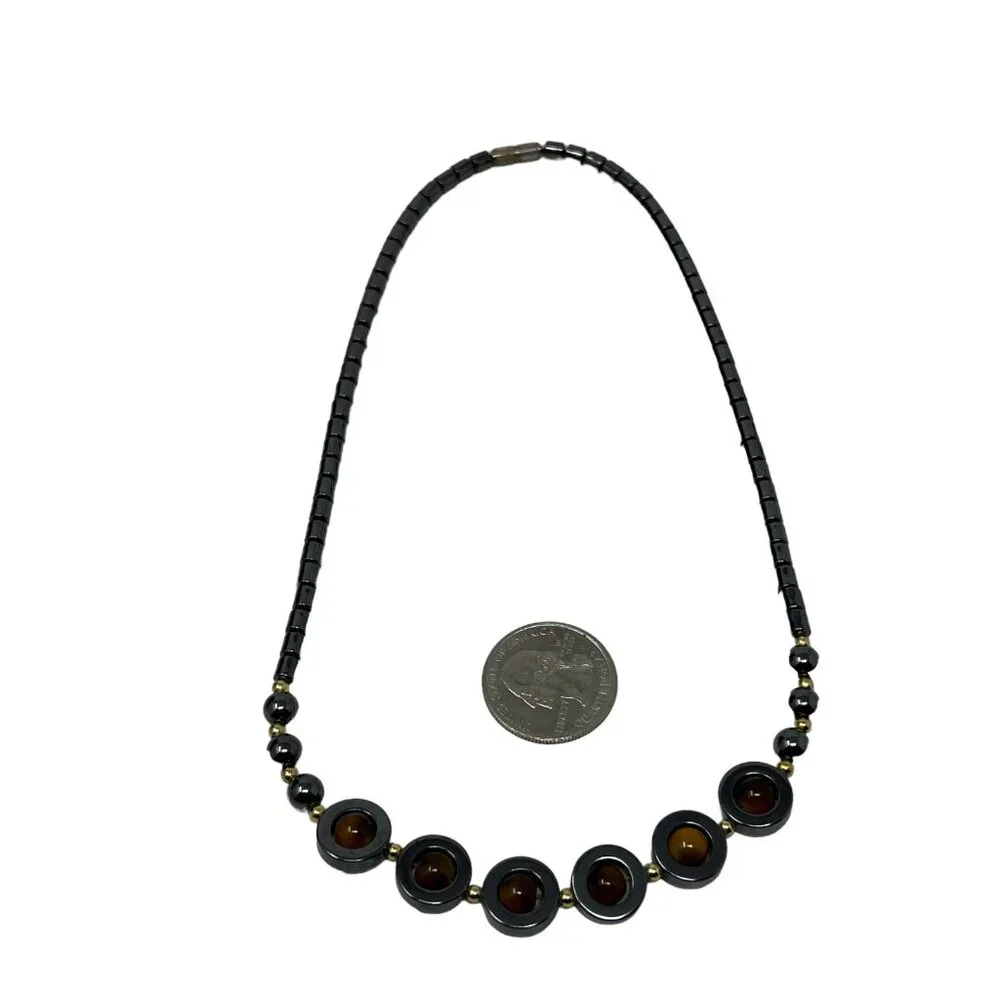 Hematite Necklace Black Natural Stone Caged Yellow Orange‎ Beads Gold Tone Beads